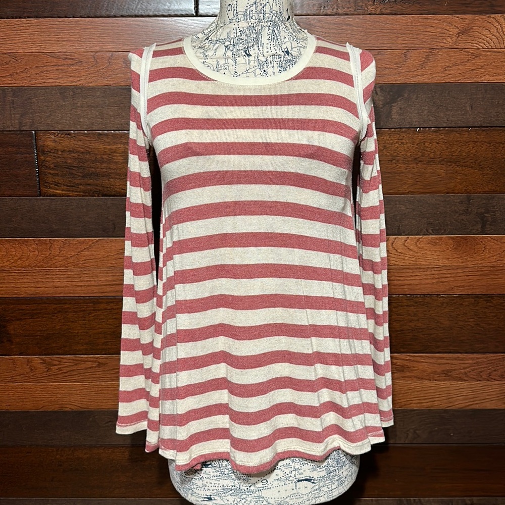 Rewind Scoop Neck Long Sleeve Lacey Back Red and Off White Striped Top